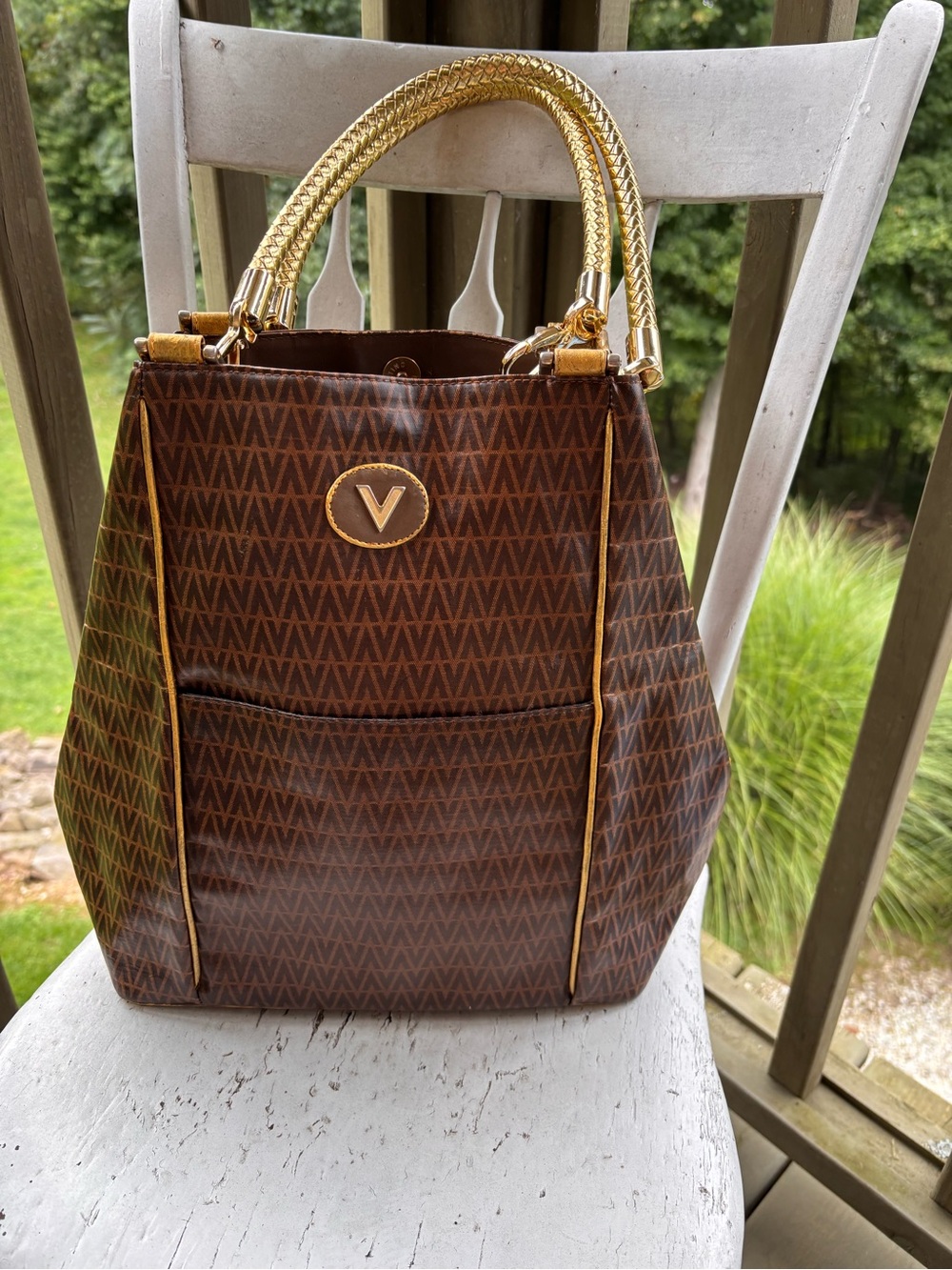 Vintage Valentino Monogram Tote with Gold Handles